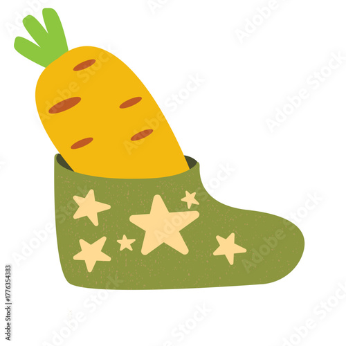 Winter green boots with carrot inside and stars, symbol of Sinterklaas. Sinterklaas cartoon hand drawn shoes with carrot. Saint Nicholas Day Poster Vector, Dutch Celebration Card with Gift in Boot