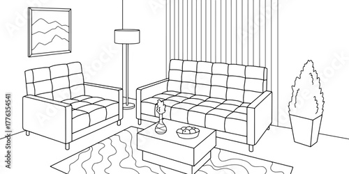 Living room graphic black white interior sketch illustration vector 