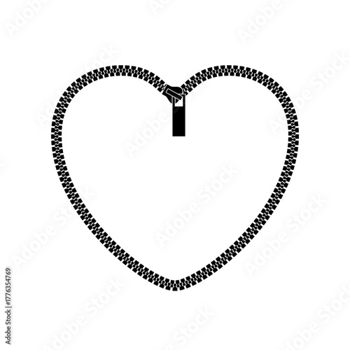Heart zippericon. Shape hearts zip brush. Fastener pattern. Simple ziper line. Simple round silhouette. Cute curve graphic. Black abstract closure isolated on white background. Vector illustration