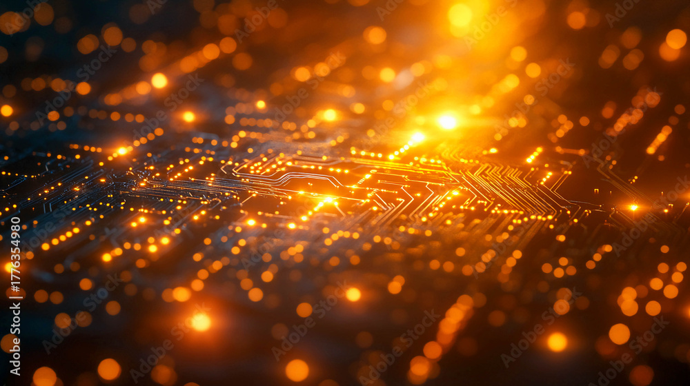 Fototapeta premium An abstract electronic board with orange glowing lines and dots that create a bright glow effect.