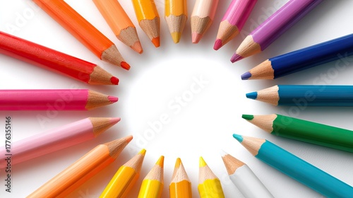 Colorful arrangement of bright crayons creating a circular pattern on a white background for artistic creativity and design inspiration