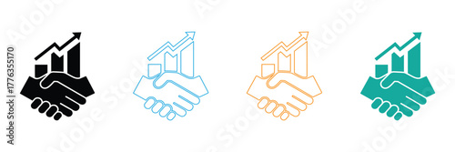 Dynamic icons show a handshake merging with a rising business graph, symbolizing successful deals, financial growth, and strong partnerships.