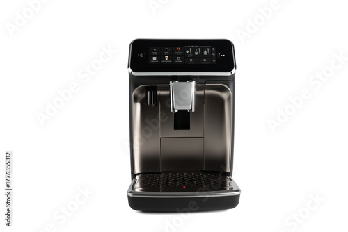 Front view of a premium automatic coffee machine with digital touch panel. The sleek chrome and black design gives it a sophisticated, modern appearance.