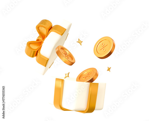 3d open white box with golden coin percent for festive sale promotion, holiday marketing. Stock vector illustration on isolated background.