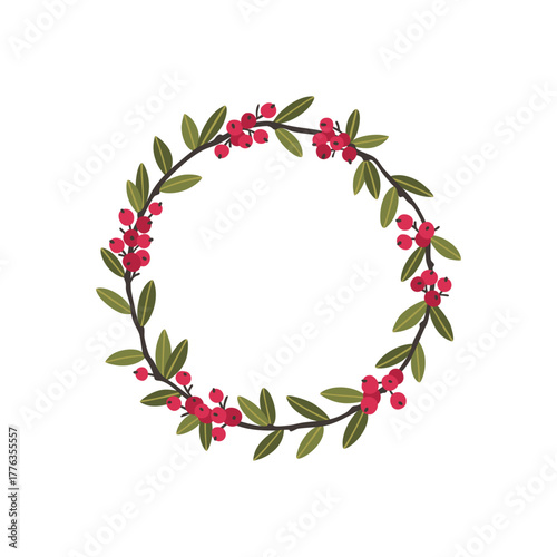 Hand drawn wreath with red berries and fir branches. Round frame for Christmas cards and winter design. Vector layout with copyspace.
