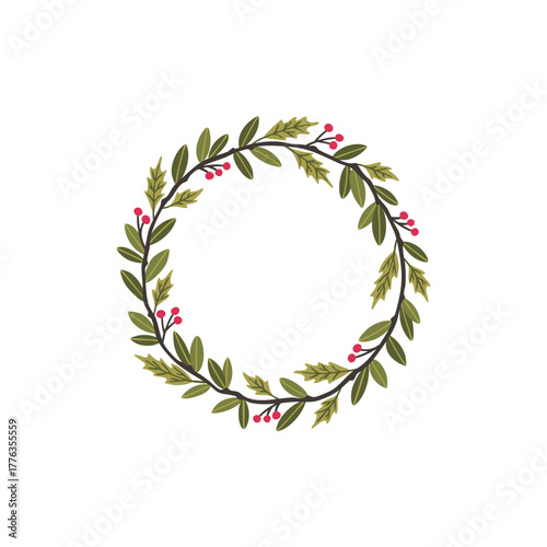 Hand drawn wreath with red berries and fir branches. Round frame for Christmas cards and winter design. Vector layout with copyspace.