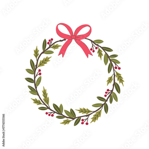 Classic Christmas wreath vector with rich green foliage, red holly berries, and a vibrant pink bow. Traditional, hand-drawn winter border perfect for rustic holiday branding, wedding invitations,