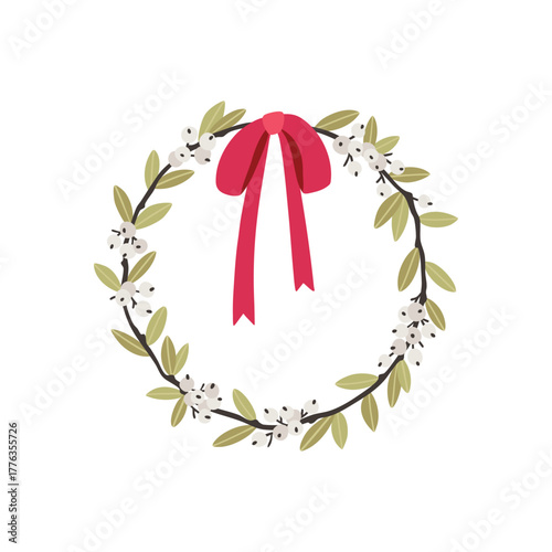 Elegant Christmas wreath vector with winter branches and delicate white berries, snowberries or mistletoe, tied with a striking red bow. Minimalist, hand-drawn seasonal frame invitations, and decor.