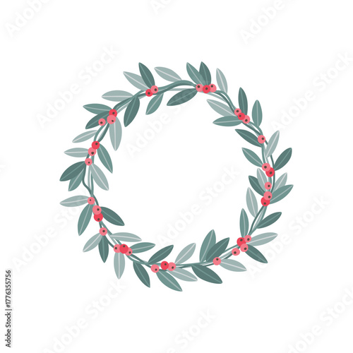 Hand drawn wreath with red berries and fir branches. Round frame for Christmas cards and winter design. Vector layout with copyspace.