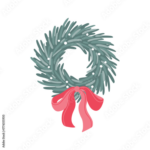 Minimalist Christmas pine wreath vector with snowy blue-grey needles and a flowing pink-red bow. Stylized, hand-drawn winter holiday illustration perfect for seasonal branding, postcards, and design.