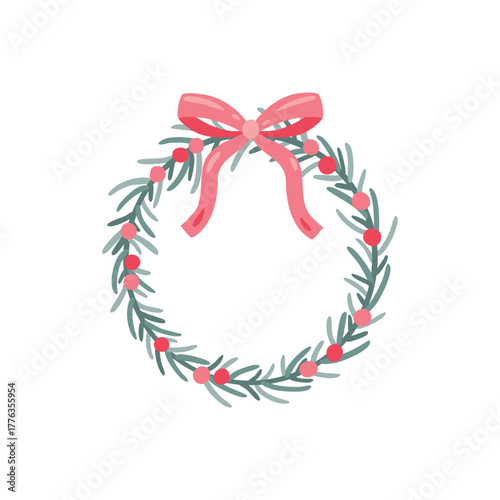 Pastel Christmas wreath vector with cool-toned spruce needles and pink red berries, tied with a lovely pink bow. Modern, hand-drawn winter holiday frame for minimalist cards, baby showers,