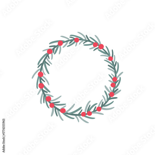 Hand drawn wreath with red berries and fir branches. Round frame for Christmas cards and winter design. Vector layout with copyspace.