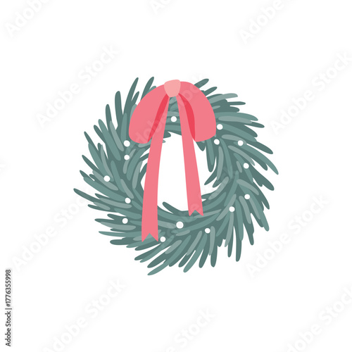 Minimalist Christmas pine wreath vector with snowy blue-grey needles and a flowing pink-red bow. Stylized, hand-drawn winter holiday illustration perfect for seasonal branding, postcards, and design.