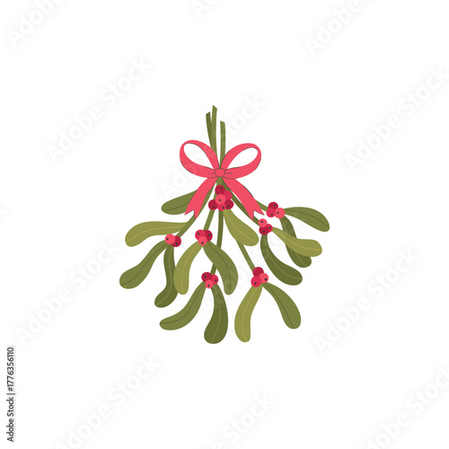 Classic Christmas mistletoe vector with traditional green leaves and bright red berries, tied with a decorative pink bow. Hand-drawn holiday design element perfect for seasonal kissing decor, accents