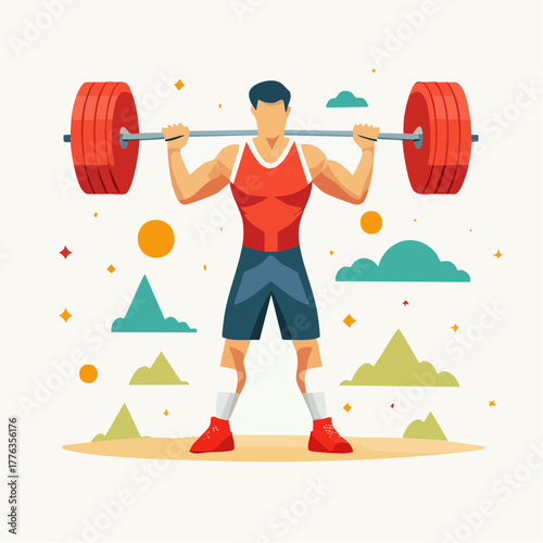 Illustration of a strong man lifting heavy weights and dumbbells during a fitness workout in the gym