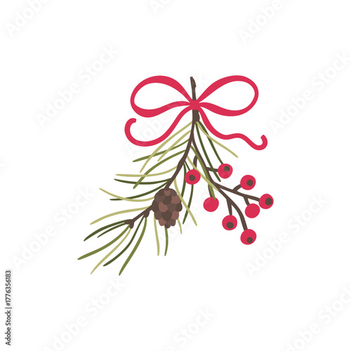 Traditional Christmas evergreen branch vector with pine needles, and red berries, tied with a classic red bow. Hand-drawn isolated element for holiday decor, borders, and festive designs. Winter flora