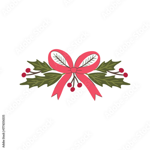 Traditional Christmas divider vector with green holly, red berries, and a vibrant pink bow. Hand-drawn, isolated festive element for headers, frames, and classic holiday accents. Simple border motif.