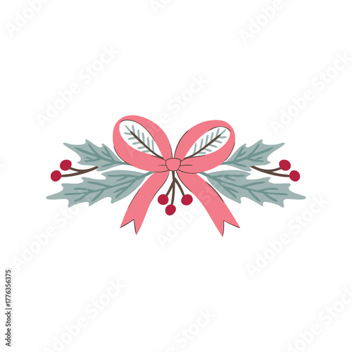 Elegant Christmas wreath vector with cool-toned leaves and white snowberries, tied with a long pink ribbon. Minimalist, hand-drawn seasonal frame for stylish cards, decor, and unique winter design.