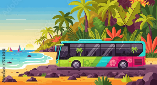 Colorful Tour Bus Parked on a Tropical Beach Road.
