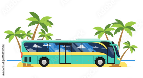 Turquoise bus parked near palm trees ready for travel and tourism.