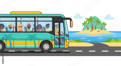 Tour bus with passengers traveling to tropical island destination.