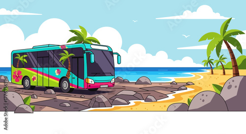 Colorful tour bus parked near the beach ready for vacation travel.