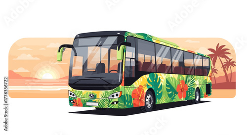 Vibrant Tropical Themed Tour Bus Ready for Adventure.