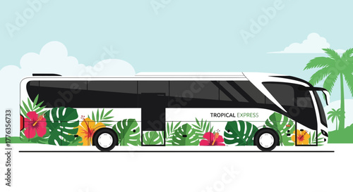 Tropical themed bus with vibrant floral and leaf designs.