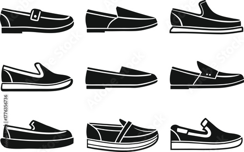Men's shoes icon set, loafers, slip-on, casual, moccasin, boat shoe, fashion
