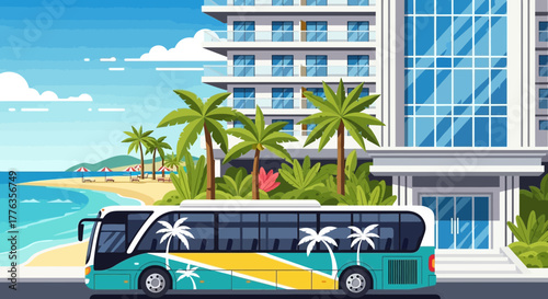 Turquoise Bus with Palm Tree Design Parked Near Beach Resort.