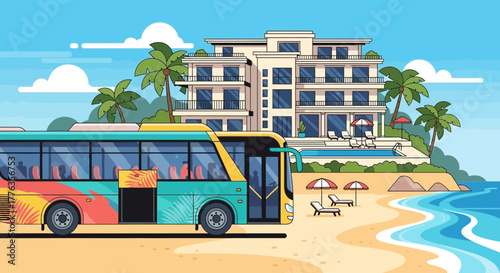 Colorful Bus Parked Near Beach Resort.