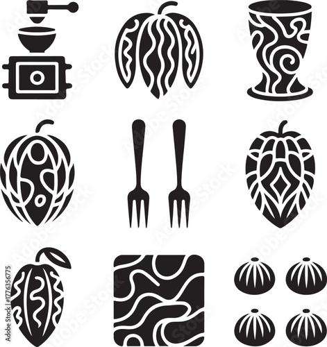 Food icon set, cacao pod, coffee grinder, hops, dumpling, abstract, ethnic food