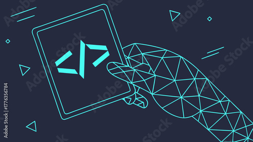 Digital hand holding tablet displaying programming code, showcasing technology and innovation
