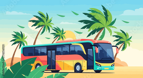 Colorful Bus on Tropical Vacation with Palm Trees.