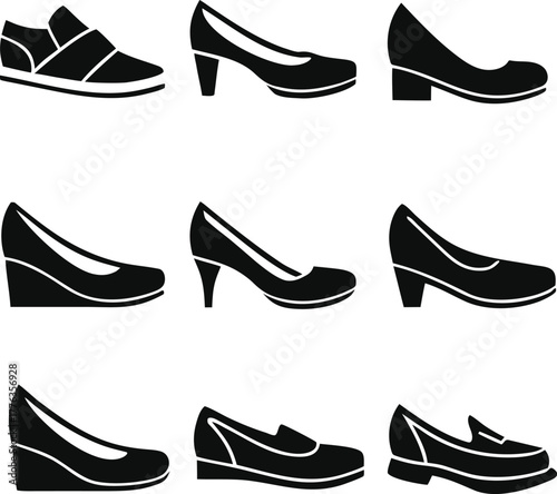 Women's shoes icon set, high heels, pumps, wedge, fashion, footwear, elegant