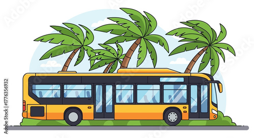 Yellow bus with many windows on a road with palm trees.