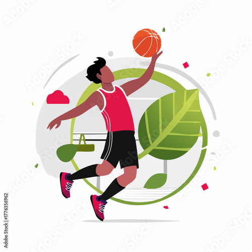 Slam dunk basketball player silhouette and vector illustration of boy or woman athlete in action during a sport game