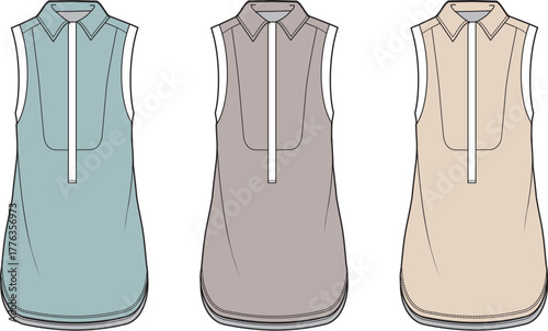 Sleeveless Collared Tunic Tops in Three Pastel Colors Teal, Taupe, and Beige