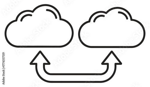 Cloud data synchronization icon with two clouds and bidirectional arrows for networking and storage transfer linear vector