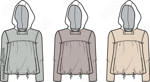 Technical fashion illustration showcasing a versatile women's hooded pullover jacket, featuring an anorak style with a drawstring hem, presented in three classic neutral color options
