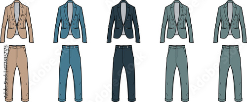 Fashionable collection of men's suit illustrations, displaying blazers and coordinated trousers in various modern colors for design inspiration and apparel concepts