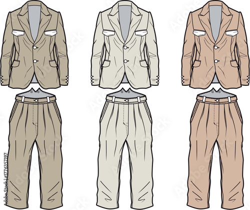 Collection of men's classic suits in neutral earth tones. Vector illustration of fashion apparel design with jacket and pleated trousers