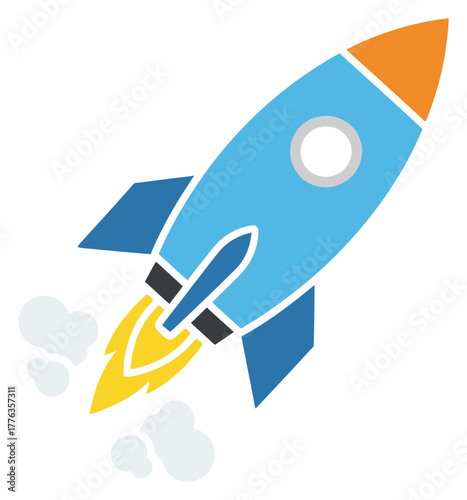 Flat design blue rocket ship launching icon vector illustration