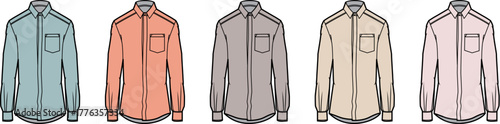 Set of five men's long-sleeved button-up shirts, illustrated in flat design style, featuring pastel blue, peach, grey, beige, and pink colors, ideal for fashion and apparel concepts