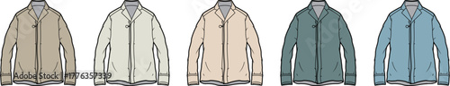Collection of men's casual zip-up jackets in diverse colors, presented as a fashion design concept illustration for versatile outerwear apparel and contemporary style