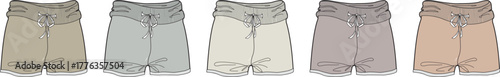 Versatile collection of men's casual shorts with a drawstring waist. Technical fashion flat sketch set in a neutral color palette for summer apparel