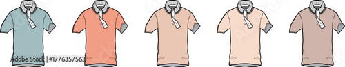 Collection of five collared t-shirts in varying pastel colors, neatly displayed in a row, showcasing a stylish apparel design
