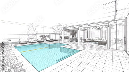 Architectural sketch of an outdoor swimming pool, patio area, and a structure. This sketch shows a modern design with a clear focus on the swimming pool and outdoor living space