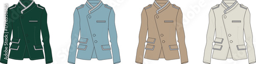 Set of four stylish jackets in different colors green, blue, beige, and white