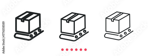 Package on roller conveyor icon. Thin line icon vector